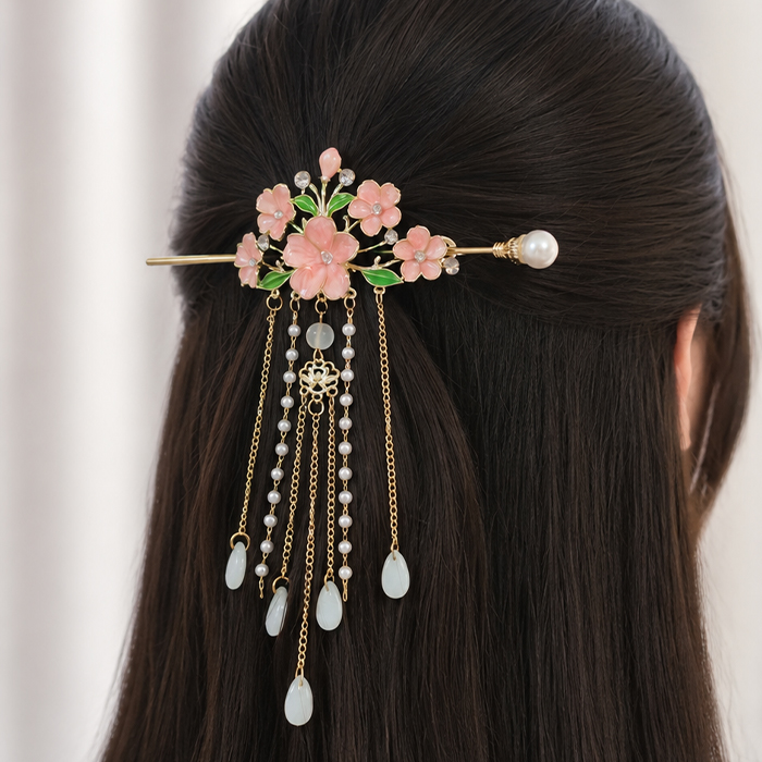 Japanese hair clip with hanging cherry blossoms گیره ژاپنی شکوفه آویزدار - Image 1