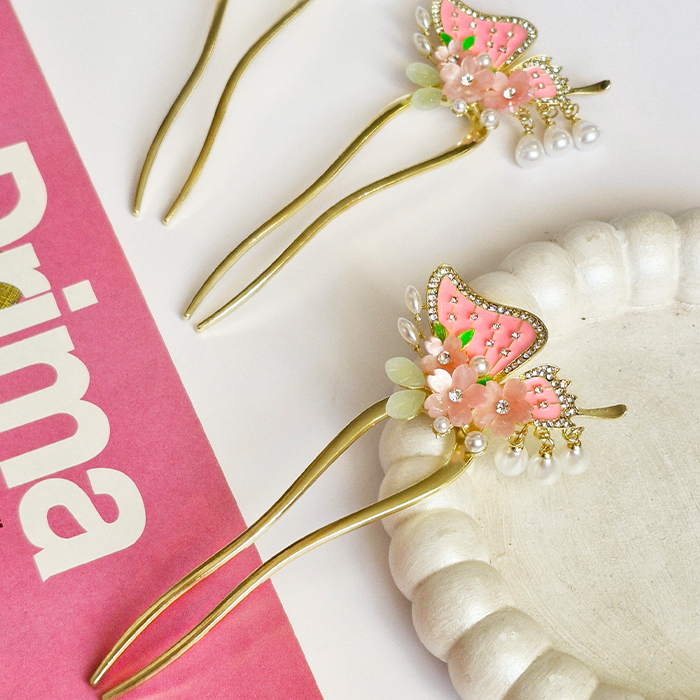 Two-pronged Kanzashi with a moth and pink blossom کانزاشی دوشاخ شاپرک و شکوفه صورتی - Image 1